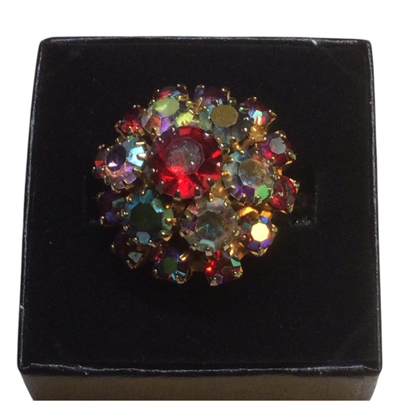 Vintage Aurora Borealis & Red Rhinestone Adjustable Cluster Ring - Picture 2 of 4